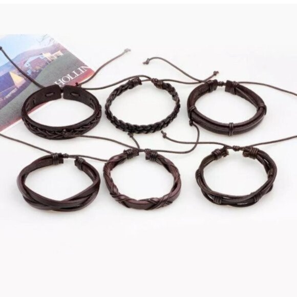 Men’s Brown Leather Braided Bracelet Set. - Picture 2 of 2